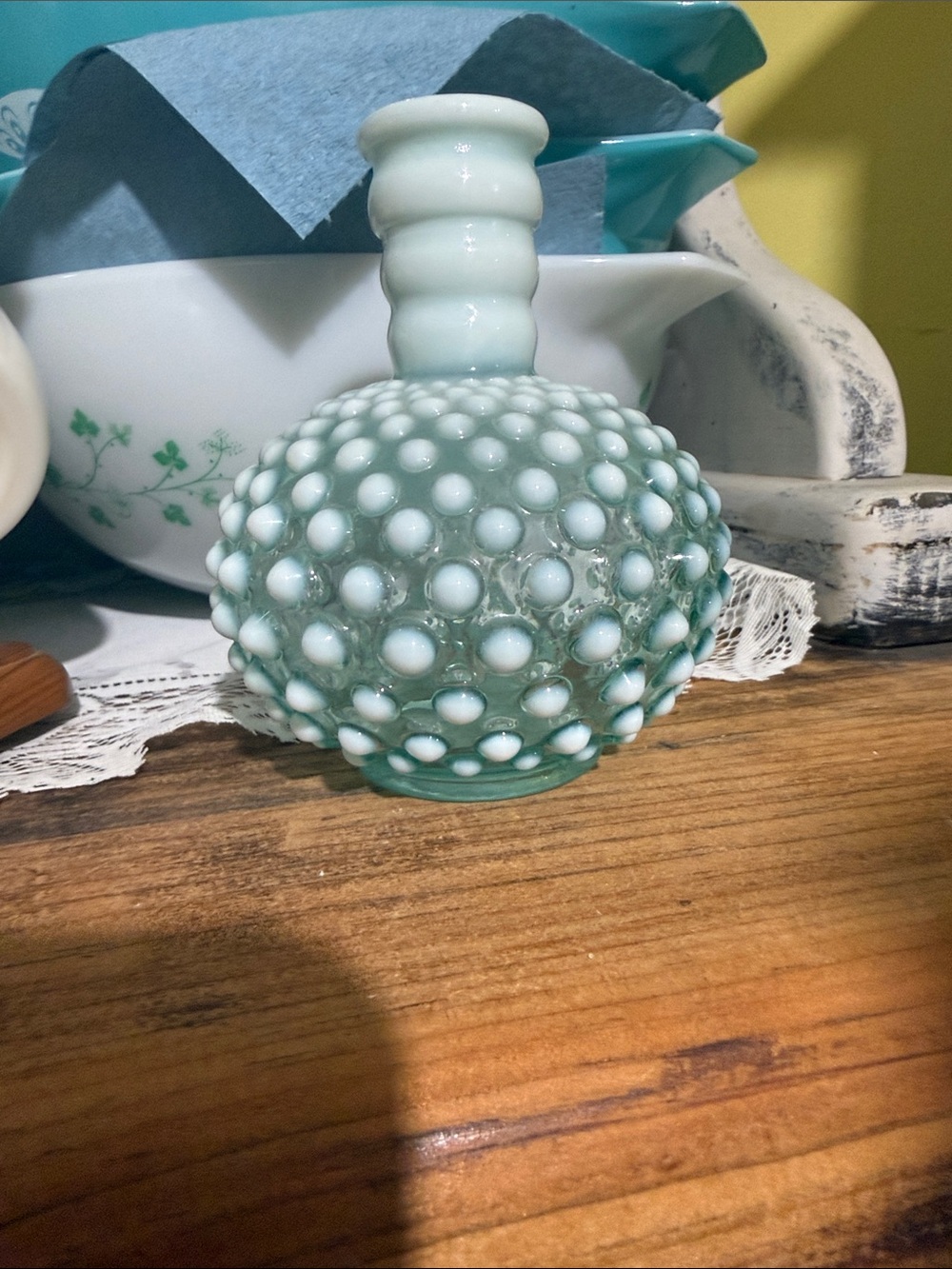 vintage Fenton aqua blue opalescent hobnail glass bottle vase
